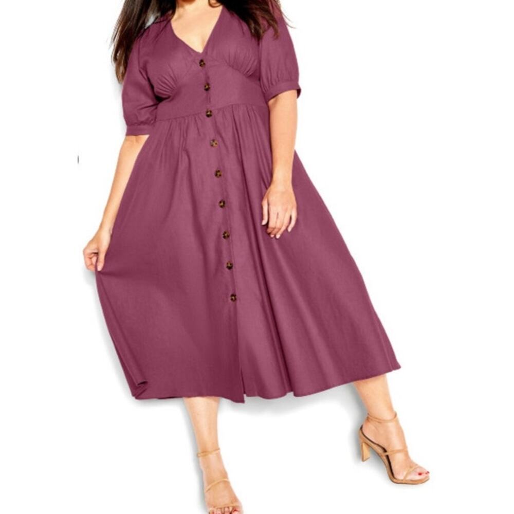 City Chic dress Sunset Stroll linen short sleeve dark pink size S 16